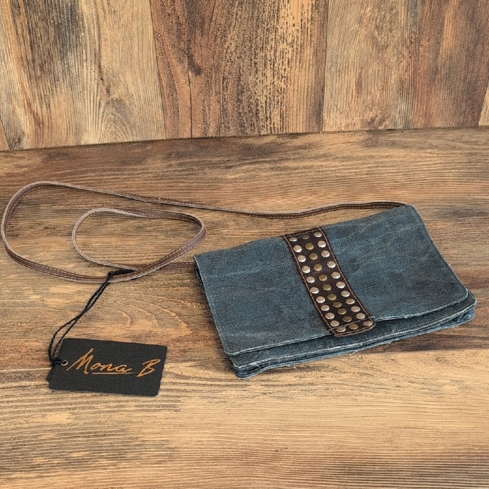 Mona B Blue Canvas with Studded & Leather Accent Shoulder Bag 104JH